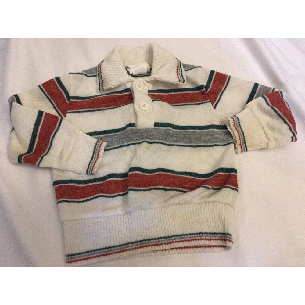 Boy's Bull Frog Knits striped sweater size 18 Mo Green Orange 70s 80s Collared